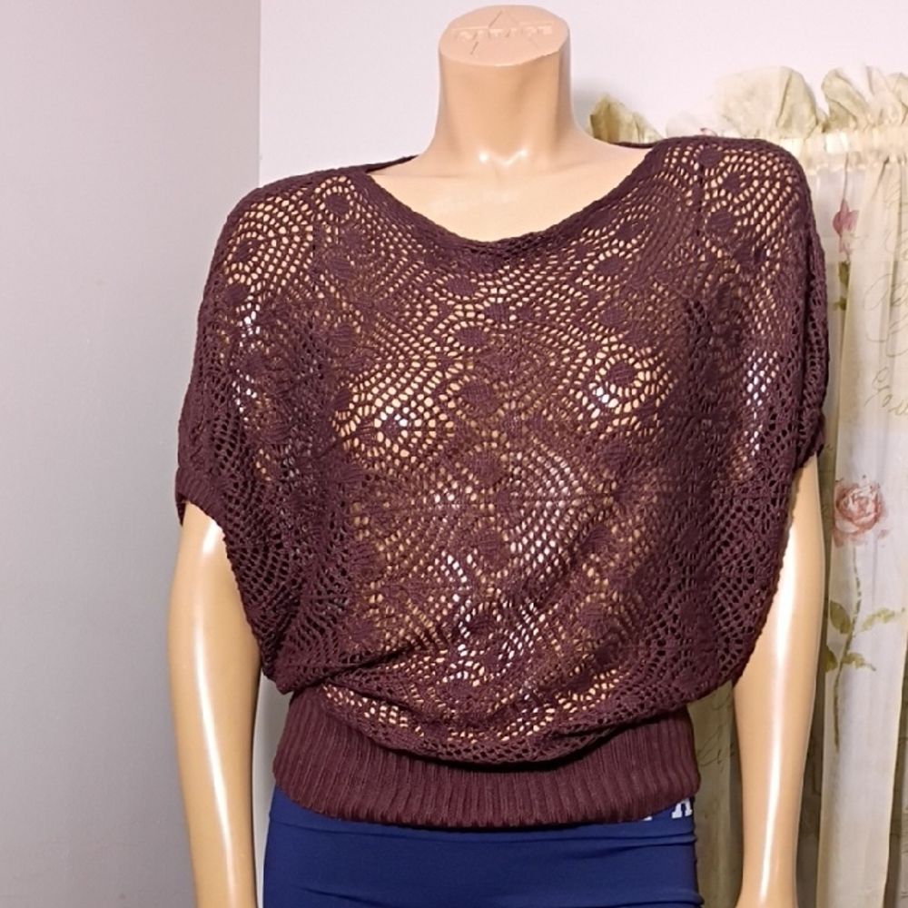 CLN Chic Lace Knit Women's Blouse in‎ Deep Brown Size M